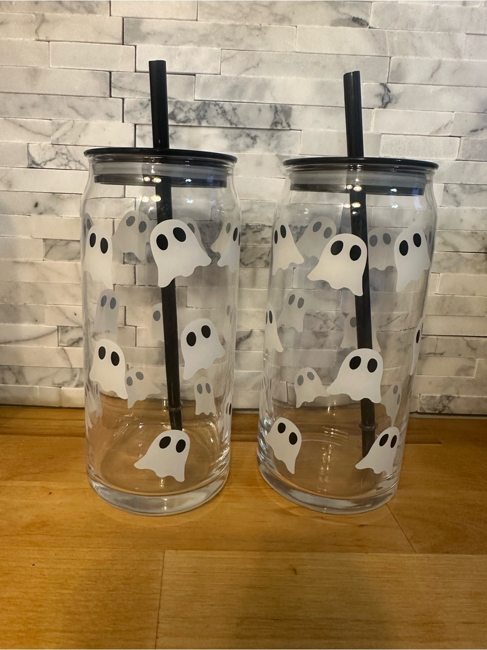 Reusable Glass Tumbler with White Ghost Print and Black Lid & Straw